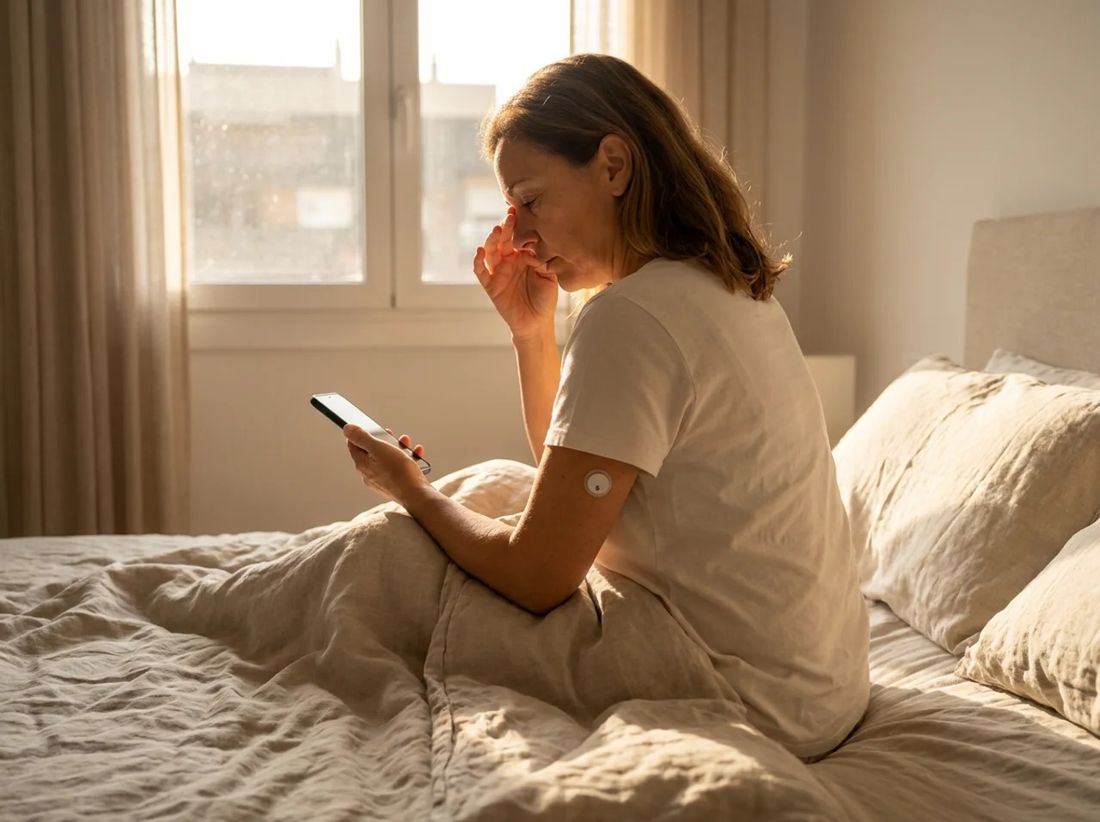 Mujer sentada en la cama tallándose los ojos después de una noche corta, con el sensor QiTrax en el brazo