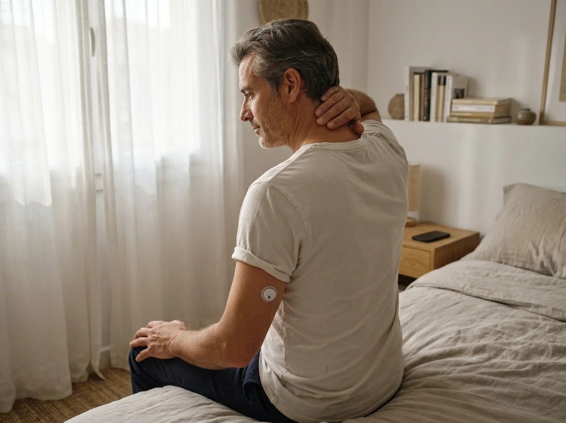 Hombre sentado en su cama por la mañana con el sensor QiTrax en la parte posterior del brazo