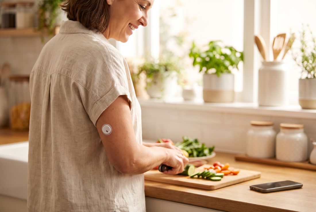 Mujer cocinando con el celular lejos, en la barra, y el sensor QiTrax en el brazo