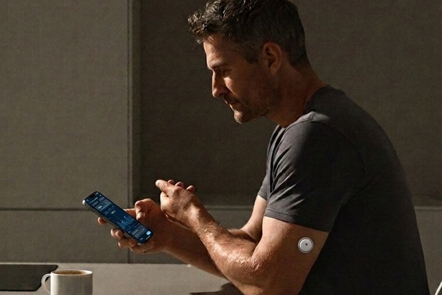 Hombre en su escritorio revisando el celular, con el sensor QiTrax en el brazo