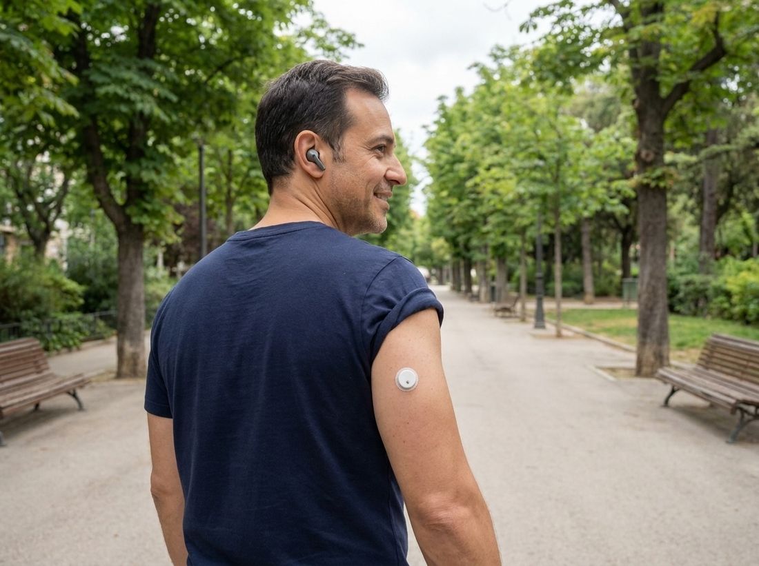 Hombre caminando en un parque con el sensor QiTrax en la parte posterior del brazo