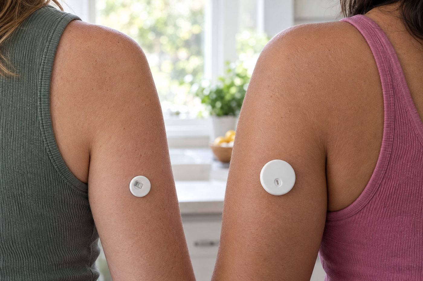 Ilustraci&oacute;n: el sensor QiTrax junto a un sensor redondo m&aacute;s grande, del tipo del FreeStyle Libre 2 Plus, sin marca