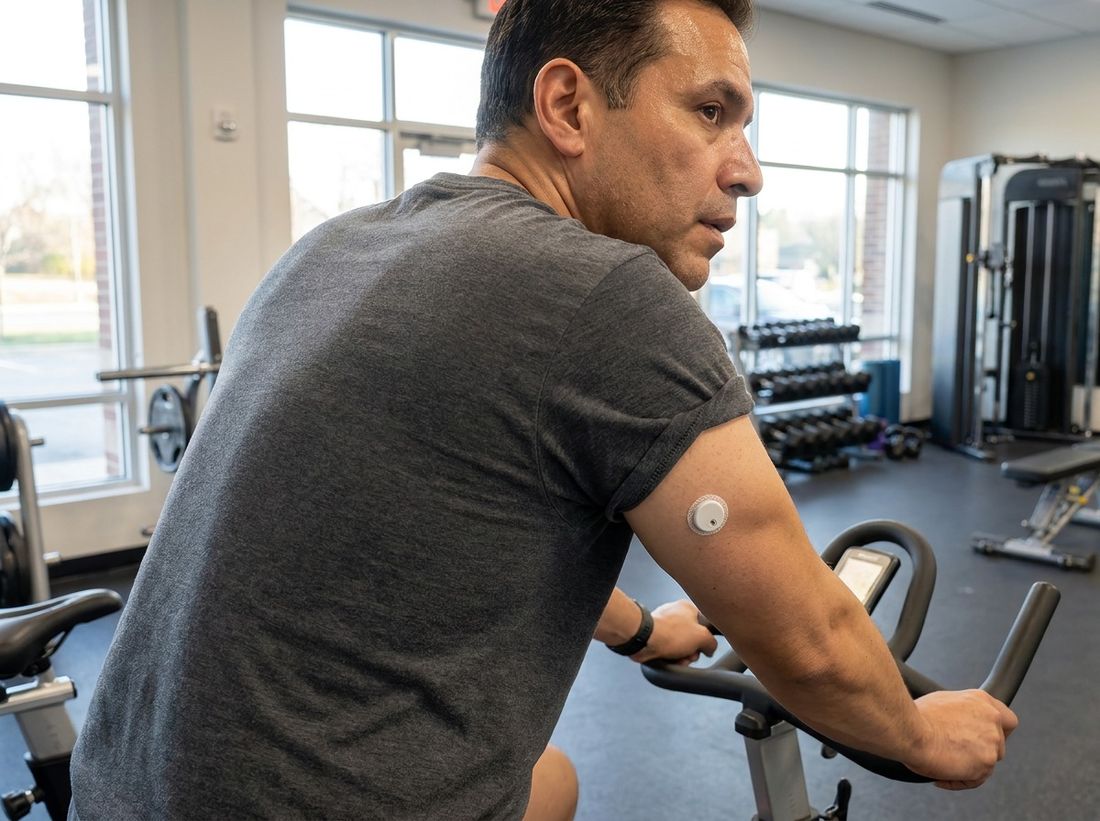 Hombre en bicicleta fija en el gimnasio con el sensor QiTrax en la parte posterior del brazo